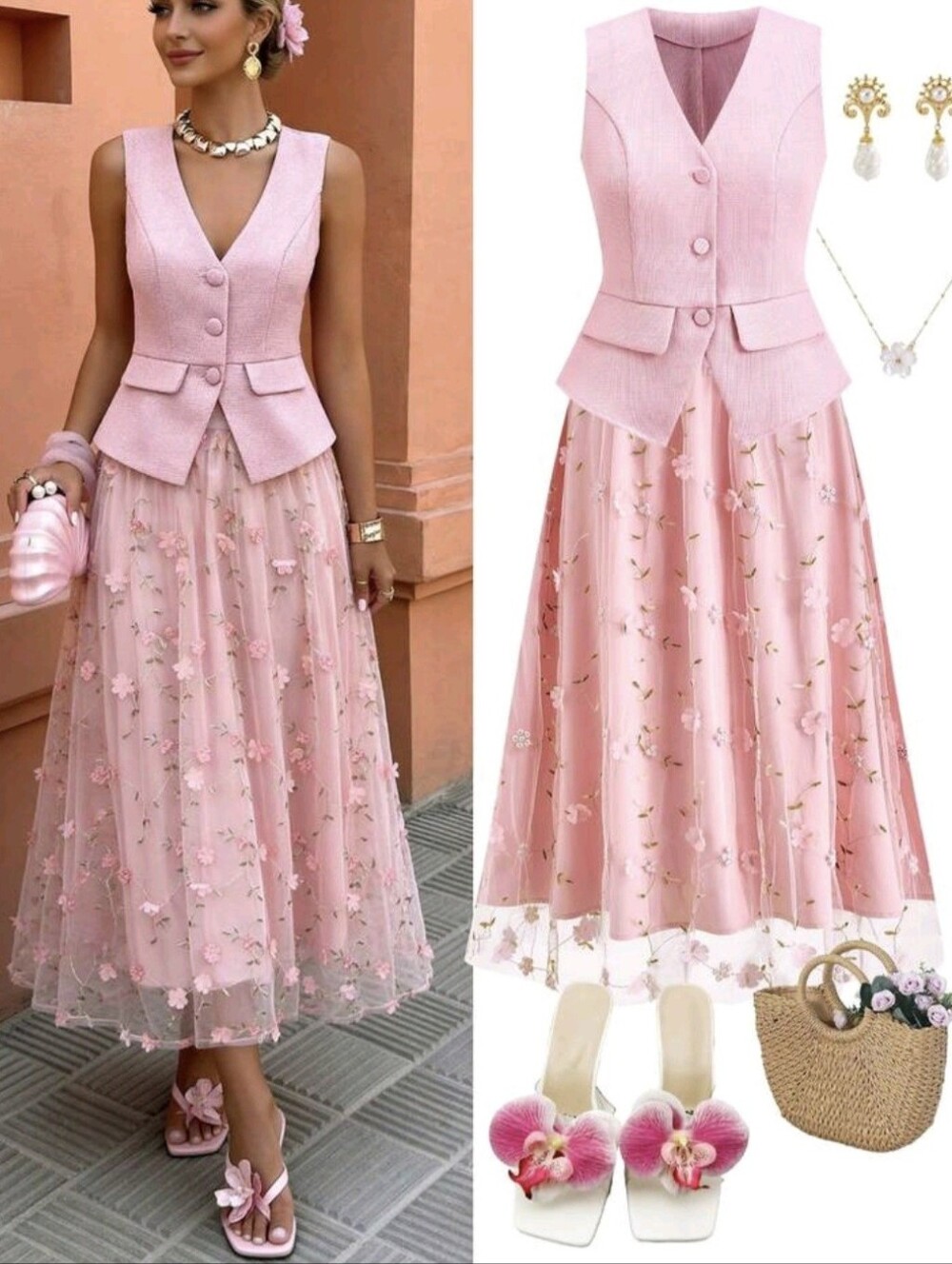 Clasi Elegant Vest Top And 3D Floral Midi Skirt Set, Vintage Chic Resort Outfit